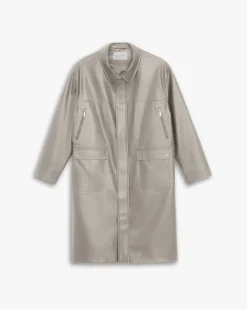 Multi-Pocket Leather-Like Long Coat