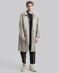 Multi-Pocket Leather-Like Long Coat