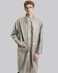 Multi-Pocket Leather-Like Long Coat