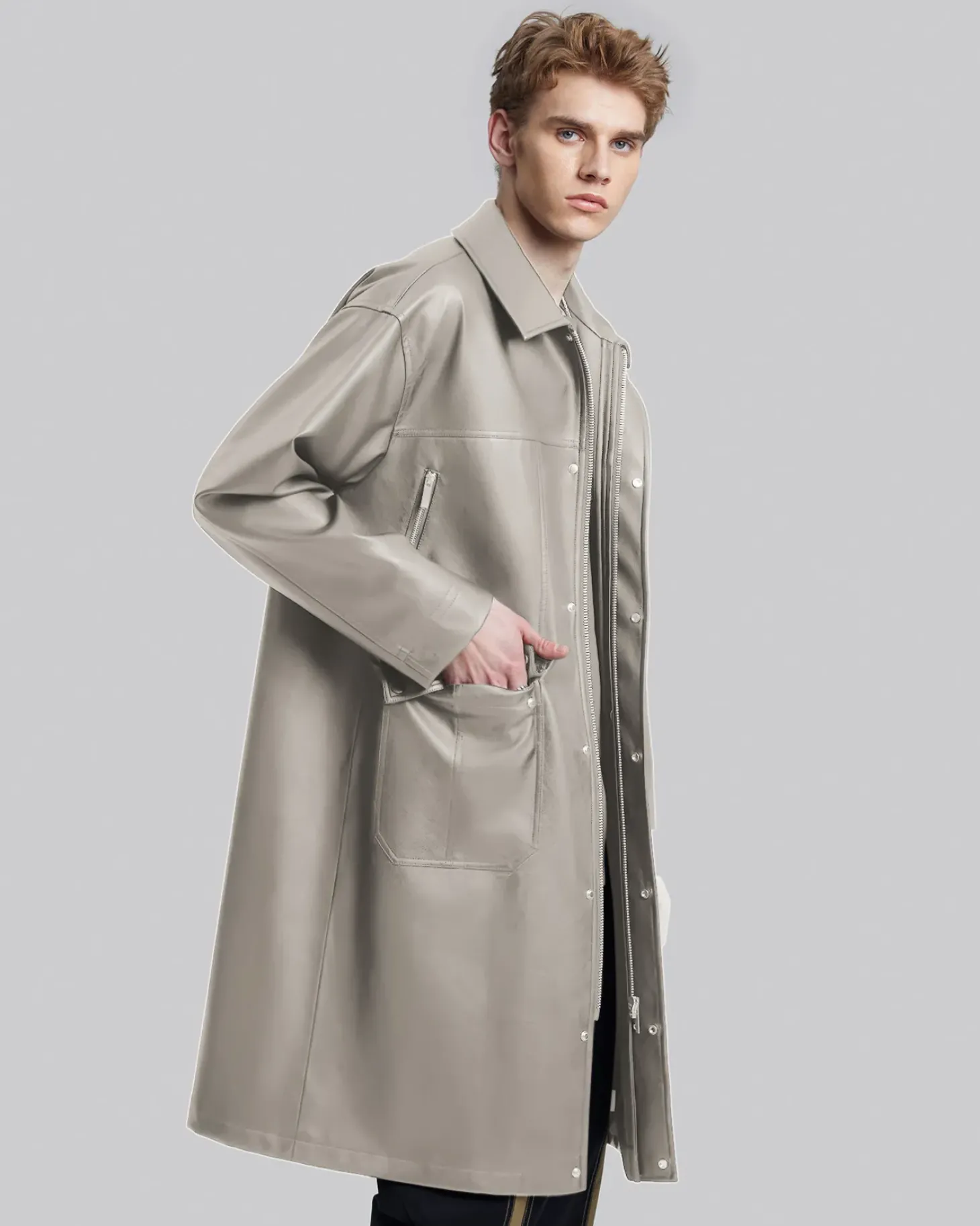 Multi-Pocket Leather-Like Long Coat