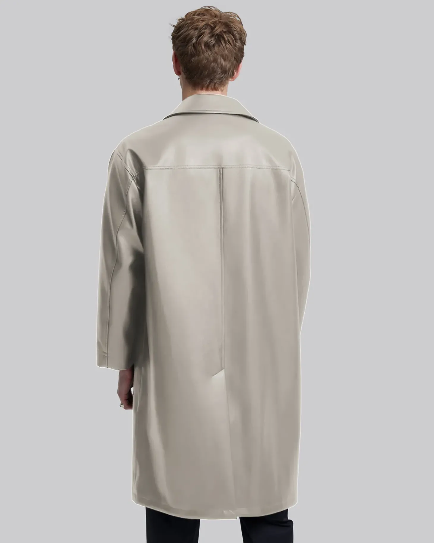 Multi-Pocket Leather-Like Long Coat