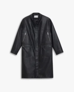 Multi-Pocket Leather-Like Long Coat