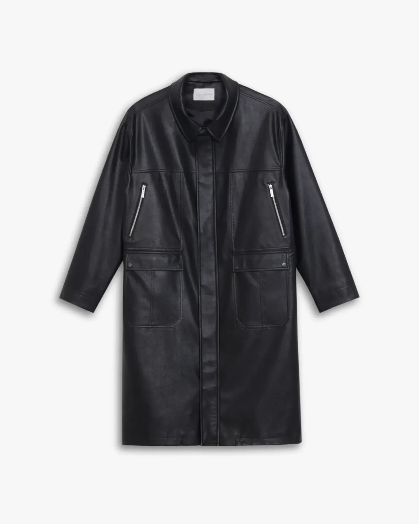 Multi-Pocket Leather-Like Long Coat
