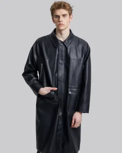 Multi-Pocket Leather-Like Long Coat