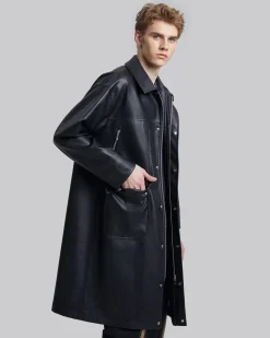 Multi-Pocket Leather-Like Long Coat