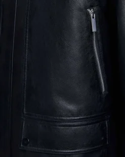 Multi-Pocket Leather-Like Long Coat