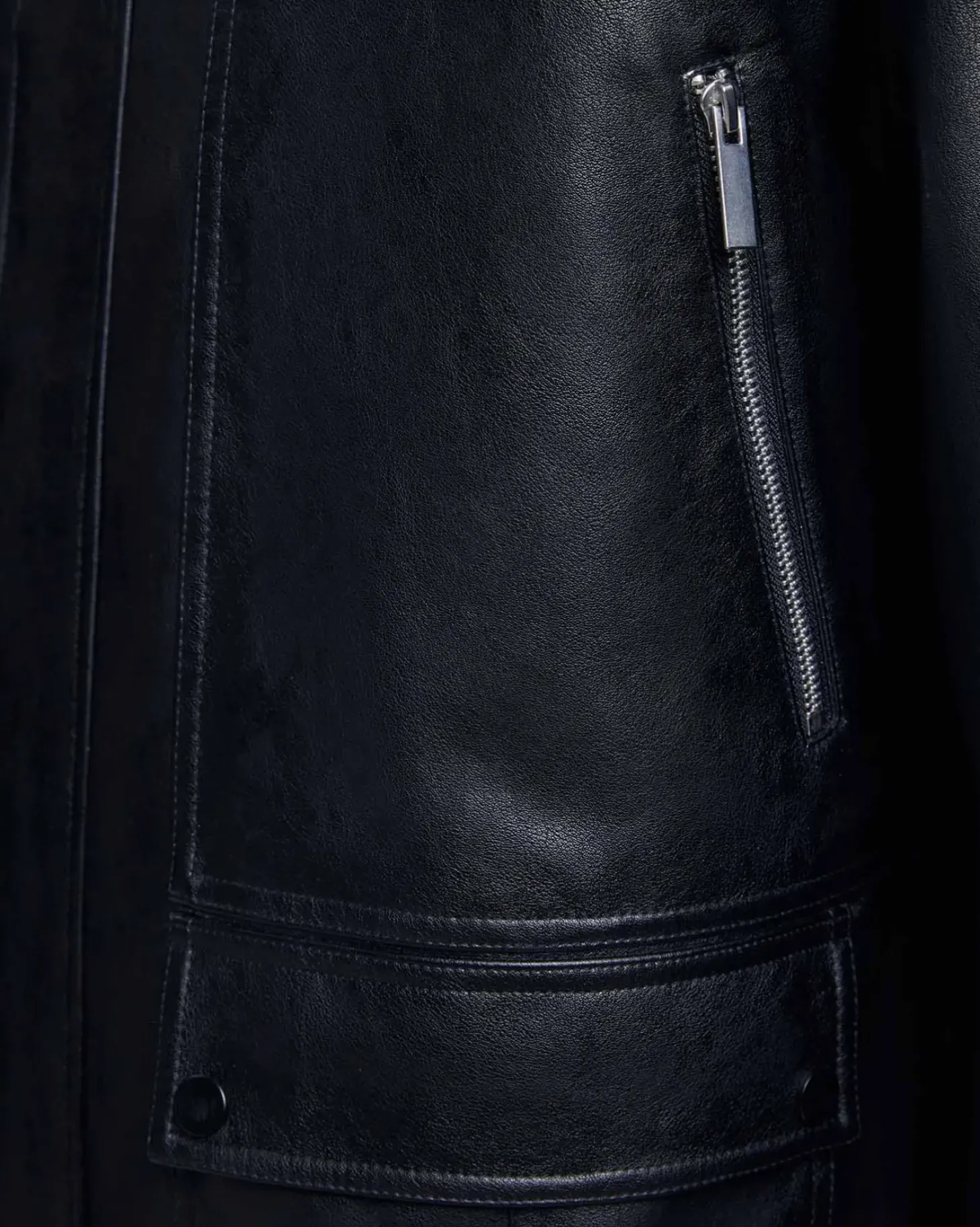 Multi-Pocket Leather-Like Long Coat