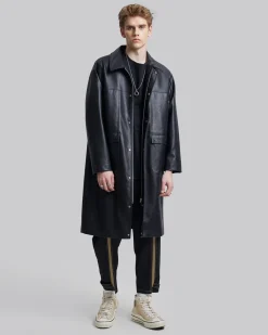 Multi-Pocket Leather-Like Long Coat