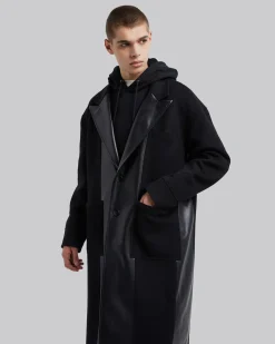 Wool &Faux-Leather Panel Coat