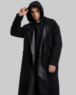 Wool &Faux-Leather Panel Coat